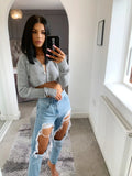 HULIANFU Short knitted long-sleeved cardigan popular autumn New new fashionable sexy versatile solid color thin women's top