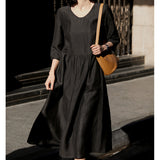 2025 High-end fragrant cloud yarn turtle crack silk small black dress, mulberry silk dress V-neck short sleeve  summer women's clothing