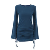 2025 Autumn sexy temperament fashion crew neck flared sleeve tight lace-up dress  knitted solid color skirt