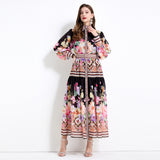 Popular trade export court style retro flower printing stand-up collar long-sleeved ruffle edge long skirt chiffon two-piece set
