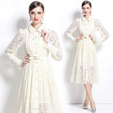 Spring and autumn new lapel heavy industry hook flower hollowed out  lace dress women's sexy swinging knee-length skirt