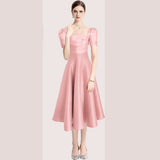 Hepburn style temperament solid color pleated waist slim fit big hem solid color square neck dress dress summer
