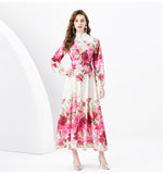 Flower series spring women's popular new high-end printing slim-fitting long  bubble sleeve temperament dress