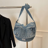 HULIANFU 2025 New washed denim messenger bag shoulder bag fashionable large capacity shoulder crescent bag design sense casual messenger bag