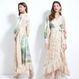 women's clothing spring and summer  court style cross-neck positioning printed lace-up waist ruffle edge dress