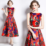 Celebrity high-end printed vest dress women's summer dress new waist and thin temperament elegant big swing dress dress