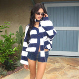 2025 Cross-border fashion striped contrasting color knitted sweater jacket with scarf autumn and winter popular new knitted cardigan high sense
