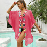 2025New Popularan beautiful women one-piece v-neck crochet splicing beach dress one size medium sleeve sunscreen blouse
