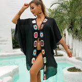 2025New Popularan beautiful women one-piece v-neck crochet splicing beach dress one size medium sleeve sunscreen blouse