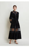 Court style dress women's  retro fashion stand-up collar pearl single-breasted lace splicing velvet pendulum dress