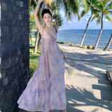 2025 Holiday wind suspender dress women's summer bow oil painting smudged seaside long dress atmosphere beach dress elegant