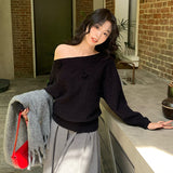 2025 Thirteen Lines popular Autumn and Winter New Temperament ins Rose Off-Shoulder Knitted Sweater Versatile Top Women 25179
