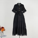 Casual loose shirt skirt women's  summer wear short-sleeved lapel lace hollow embroidered dress lace-up