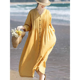 Summer travel literary fan cotton and linen dress, loose V-neck seven-quarter-sleeved organ pleated long cardigan knee-length dress