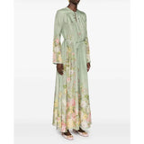 Elegant temperament, fresh waist, loose V-neck, positioning flower printing, long-sleeved pendulum dress