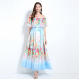 celebrities have a high sense of temperament, one-word shoulder ruffle edge splicing waist and thin elegant printed chiffon dress