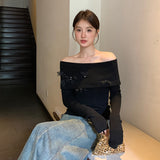 2025 spring new temperament one-word collar versatile bottoming shirt long-sleeved knitted sweater women's top 25020
