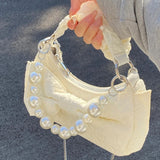 HULIANFU 2025 Hot light luxury pleated armpit bag women's summer  super fire bow pearl chain bag crossbody shoulder bag