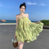 2025 temperament neck halter dress super fairy seaside vacation atmosphere beach skirt loose floral short skirt