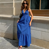 2025 holiday style blue cotton and linen V-neck suspender backless dress  Popularan, n spring and summer new New long dress