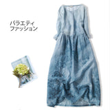 Dress Ramie Printed Crew Neck Seven-quarter Sleeve High Waist Skinny Belt Spring and Summer Medium and Long Literary Linen Dress