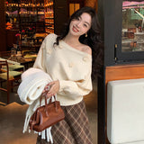 2025 Thirteen Lines popular Autumn and Winter New Temperament ins Rose Off-Shoulder Knitted Sweater Versatile Top Women 25179