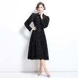 Court style dress women's  new heavy industry embroidery hollow flower breasted slim fit medium and long lantern sleeve dress