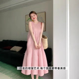 Miyake pink bud long dress temperament loose and thin fairy skirt seaside vacation sleeveless vest dress female summer