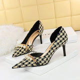 2025 8829-A1 Korean version high heel shallow mouth pointed side hollow cloth plaid pearl metal chain thousand bird grid single shoes