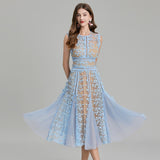 Real shot, high-end heavy industry embroidery three-dimensional mesh yarn lace splicing mesh yarn waist hollow and thin dress