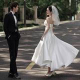2025 Evening dress  new tube top small dress simple engagement certificate registration dress bride going out yarn spring