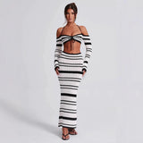 2025 HULIANFU popular New   Spice Girls Women's Clothing Suit Summer Stripe Long Sleeve Neck Top Skirt Two-piece Set Women