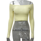HULIANFU 2025 24 new autumn sexy sweet one-word shoulder slim and thin short navel top women's outer wear