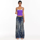 2025 Cross-border street wind ripped jeans women's straight pants high street washed wasteland wind denim design sense mopping pants women