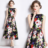 Celebrity high-end printed vest dress women's summer dress new waist and thin temperament elegant big swing dress dress