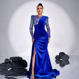 2025 high-end long-sleeved temperament round neck long sequined banquet heavy industry evening dress bridesmaid dress women