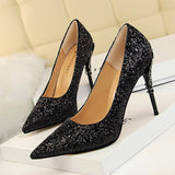 2025 9219-12  style fashion sexy nightclub women's shoes metal heel stiletto high heel light mouth pointed sequin single shoes