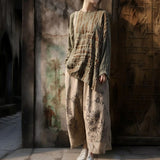 Shan Qian Nianyi, enjoy life slowly, hand-rubbed cotton and linen casual pants, literary and retro old printed wide-leg pants