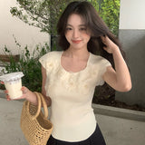 2025 summer new versatile round neck bottoming knitted sweater three-dimensional flower short-sleeved T-shirt women's top 25E05