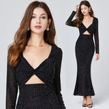 Real shot, new autumn and winter products, full body drill mesh, high elastic waist, sexy hip-wrapped fishtail skirt, long sleeves with chest pads