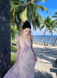2025 Holiday wind suspender dress women's summer bow oil painting smudged seaside long dress atmosphere beach dress elegant