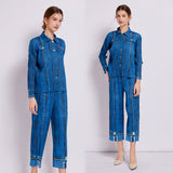 Miyake imitation denim print pleated suit women's popular spring and autumn fashion casual short jacket pants two-piece set thin