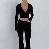 2025 HULIANFU popular autumn and winter new  New solid color slim-fit short hooded top casual pants set two-piece set women
