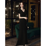 2025 High-end annual meeting evening dress, socialite banquet temperament, long sexy host, white fishtail  V-neck