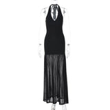 HULIANFU 2025 New new sexy V-neck hollow backless splicing mesh skirt temperament split neck dress women