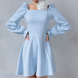 2025 Sky blue square neck lantern sleeve high waist A pendulum dress popularwildberries spring hot new short skirt