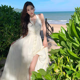 2025 Off-white chiffon deep V-neck split skirt fairy long dress summer seaside vacation neck suspender dress