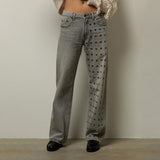2025 2025n retro rivet metal decorative jeans women's street style autumn and winter new washed old straight jeans