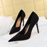 2025 18249-A2 Korean version Spring and autumn fashion simple thin heel high heel light mouth pointed satin high heels women's shoes single shoes