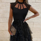 HULIANFU popular New new black fashion temperament scarf collar mid-waist short skirt perspective mesh dress